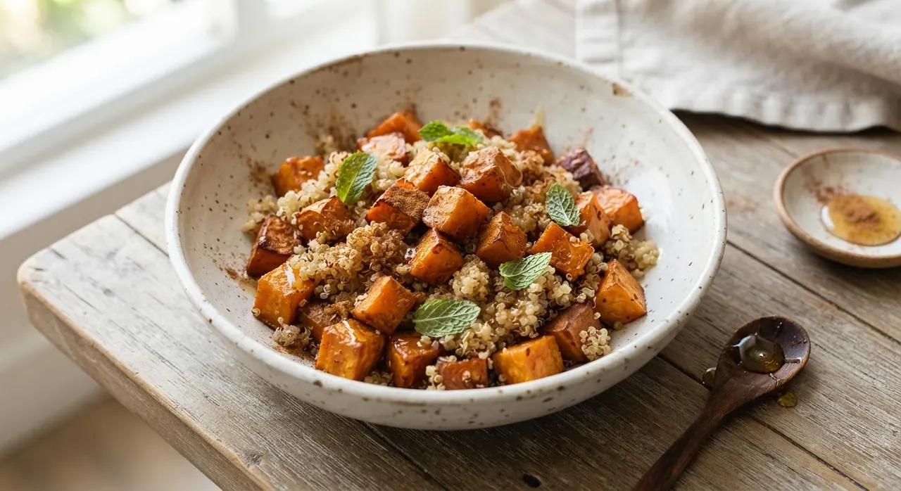 Camote al baño maría con miel y quinoa