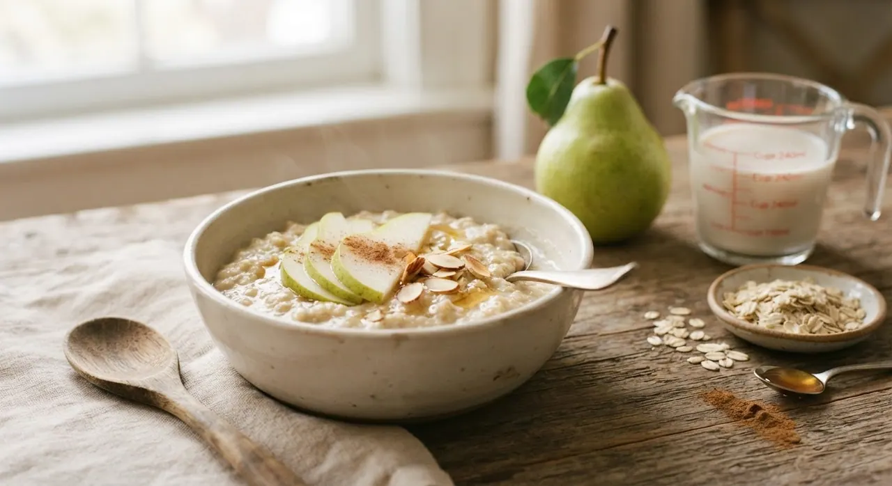 Atole de avena con leche de almendras y pera