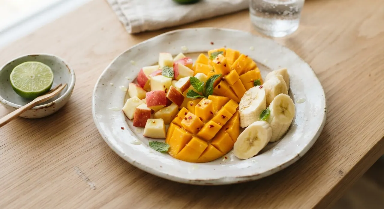 Manzana cortada, medio mango y un plátano