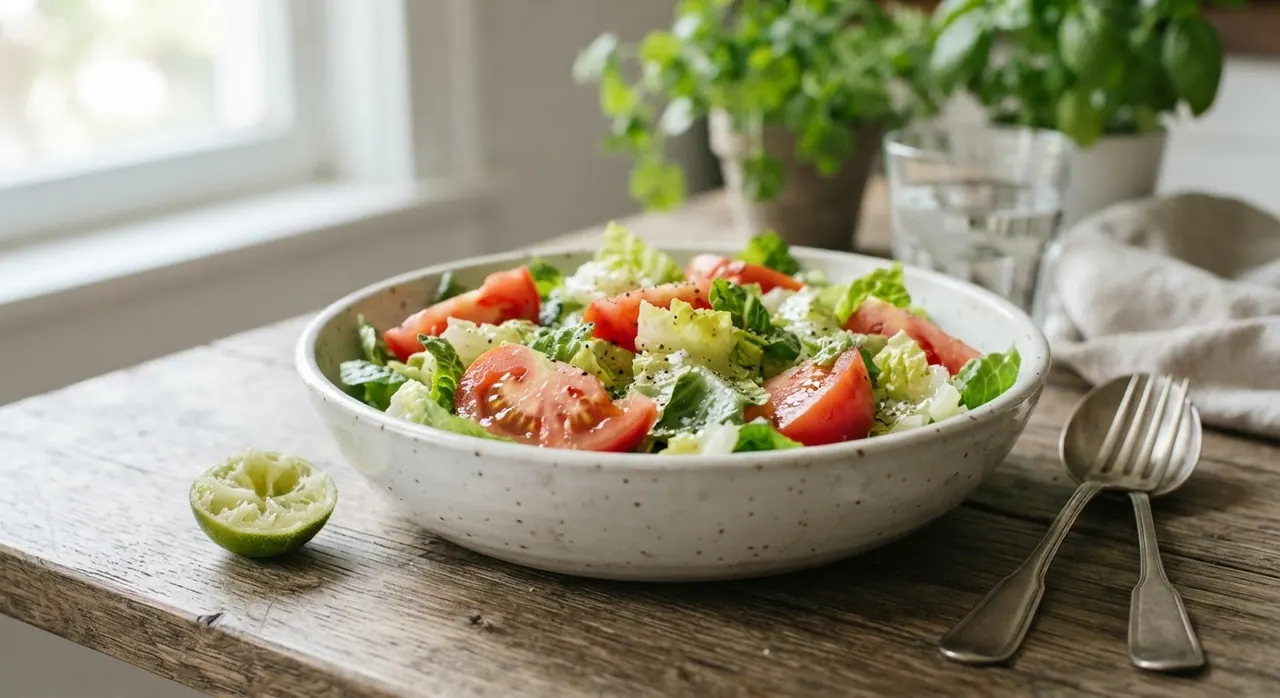 Ensalada de lechuga y tomate con limón y sal de mar