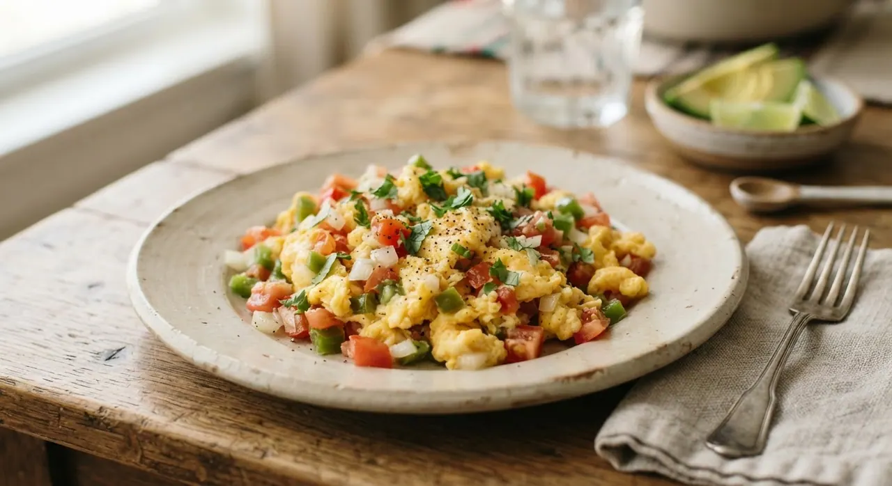 2 huevos revueltos con tomate, cebolla y pimiento