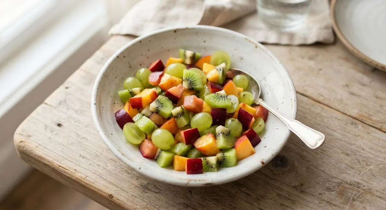 Coctel de kiwi, uvas, ciruelas y durazno