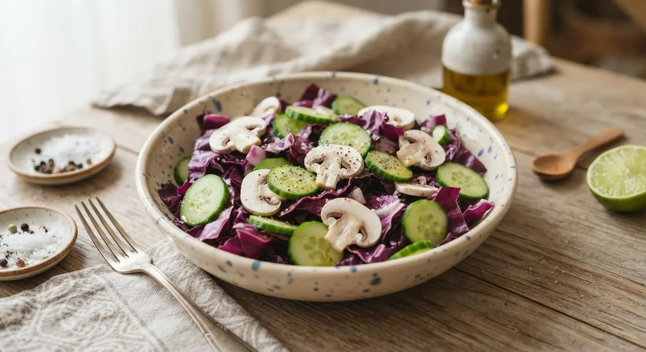 Ensalada con lechuga morada, pepino y champiñones