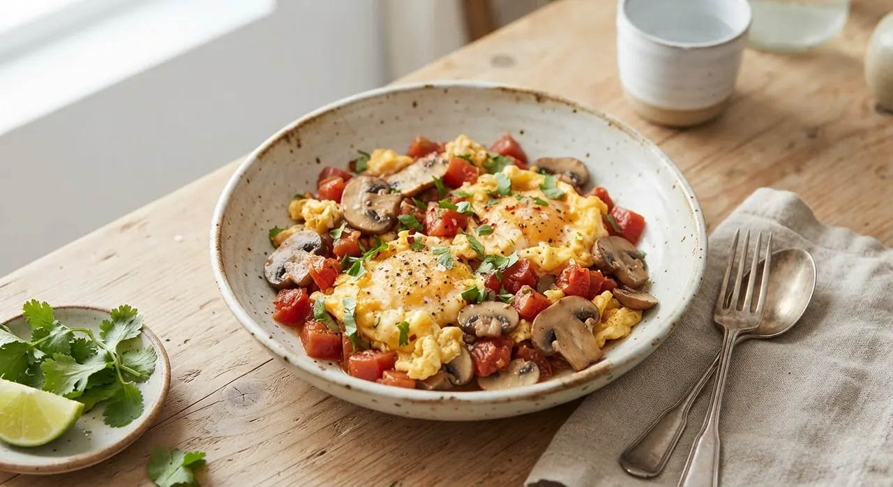 Huevo revuelto con tomates y champiñones