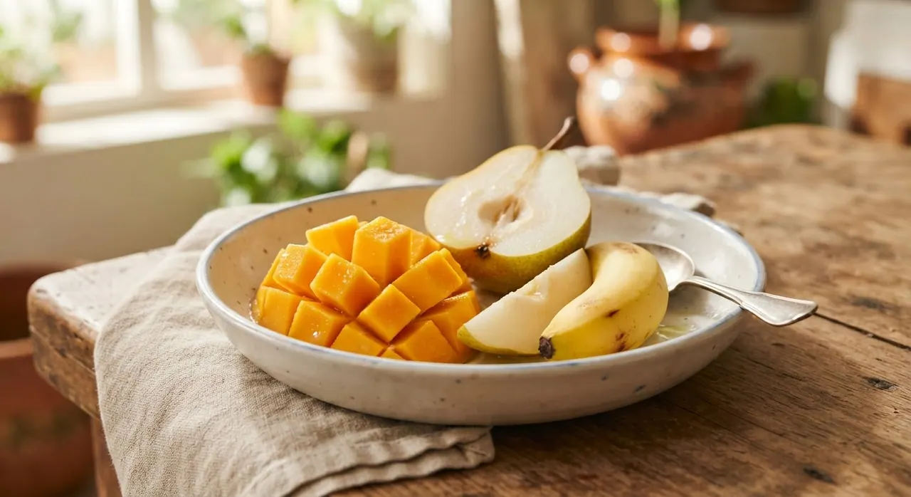 Medio mango, media pera y un plátano