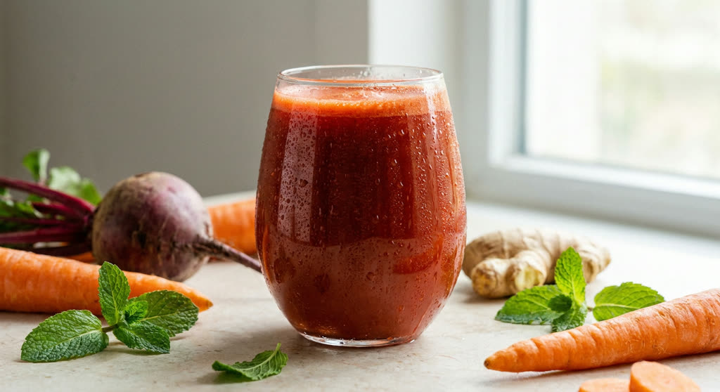 Jugo de desintoxicación de betabel y zanahoria servido en vaso