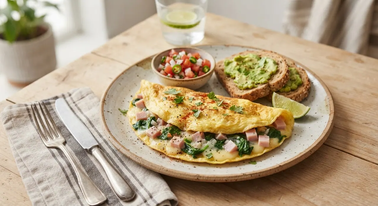 Omelette de huevo con jamón de pavo