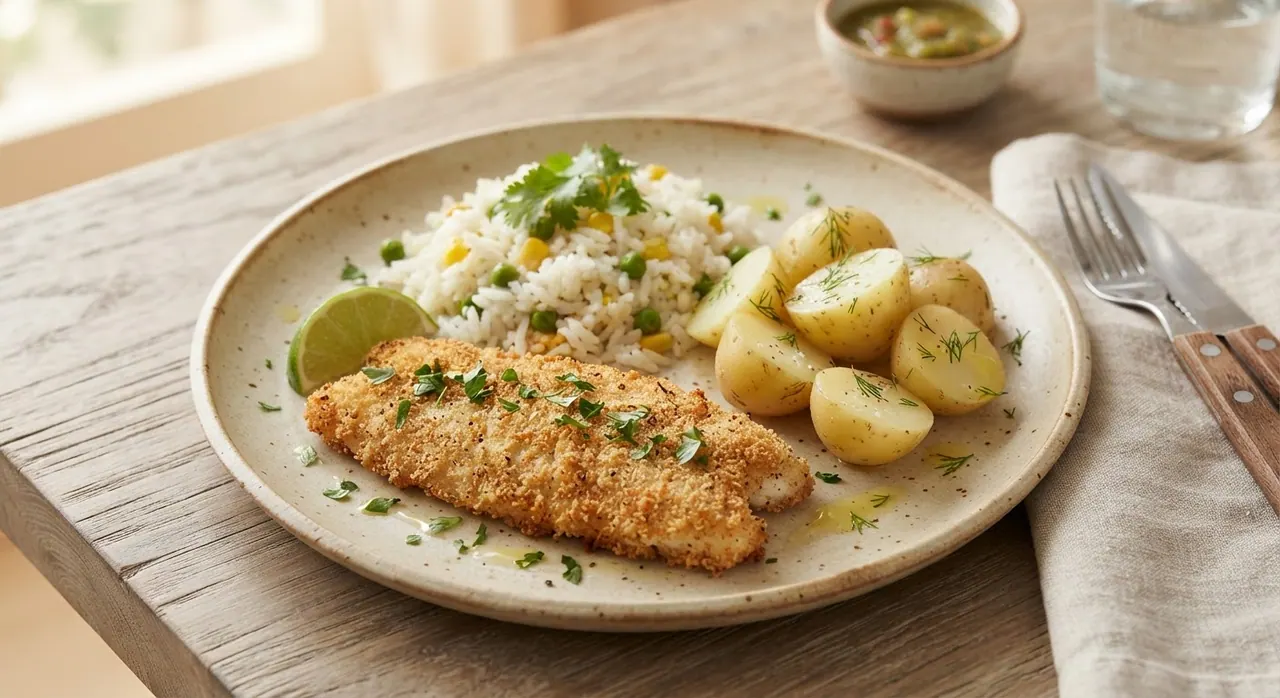 Pescado empanizado con arroz y papa cocida