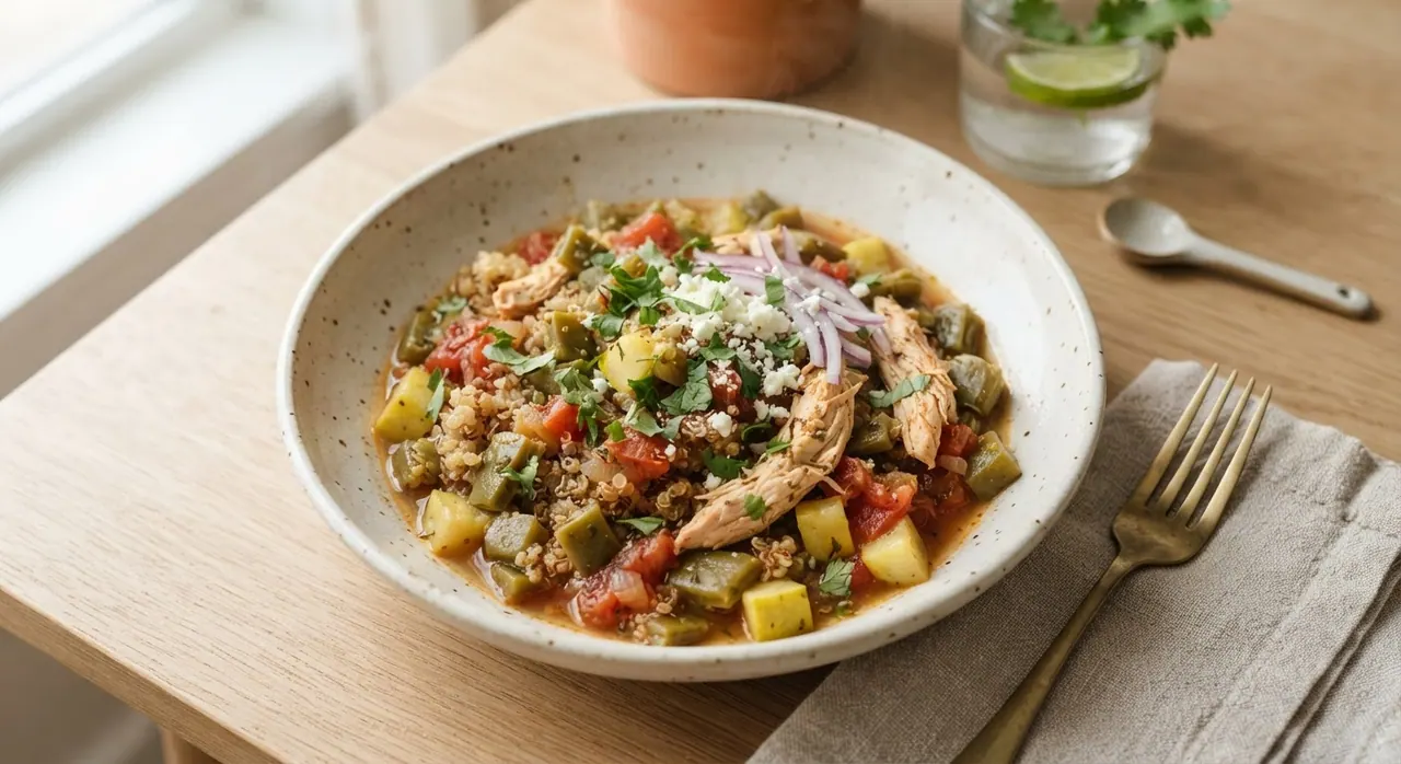 Pollo en salsa de tomate con nopales, calabaza y quinoa