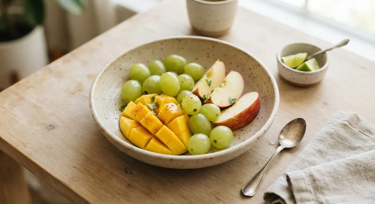 10 uvas, medio mango y media manzana
