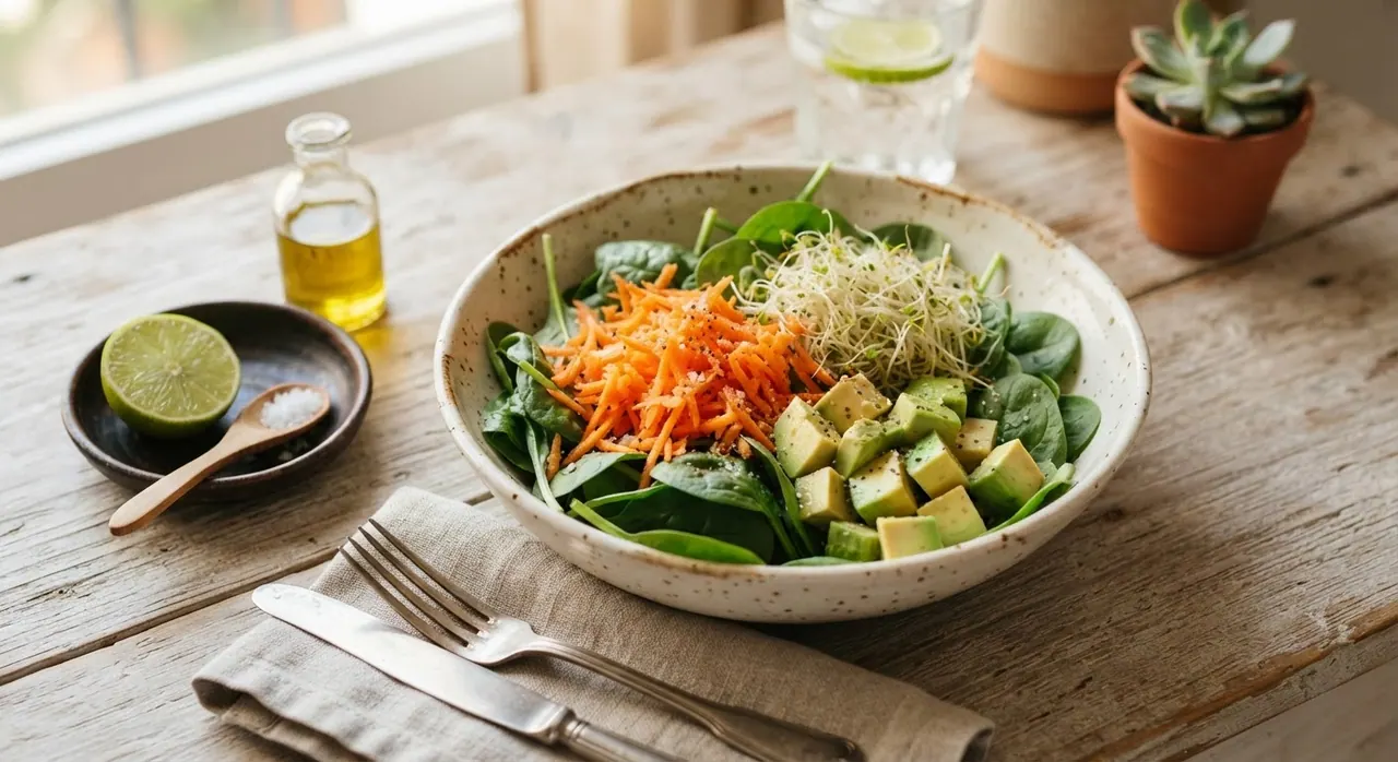 Ensalada de zanahoria, espinaca, germinado y aguacate