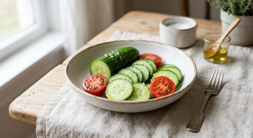 Medio pepino en rodajas y 3 tomates cherry