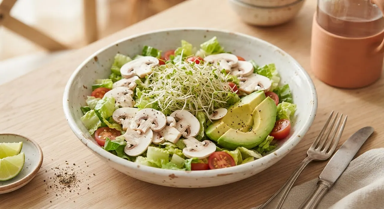 Ensalada con germinado de alfalfa y champiñones