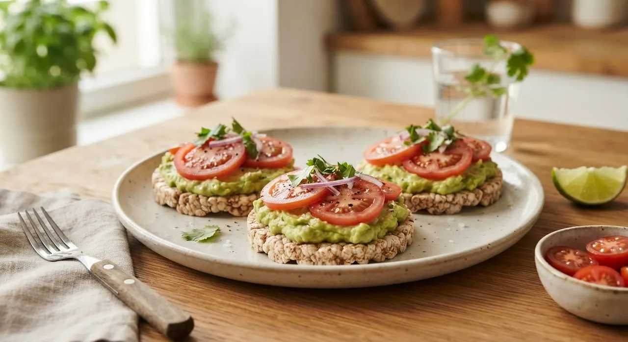 Galletas de arroz con crema de aguacate y jitomate