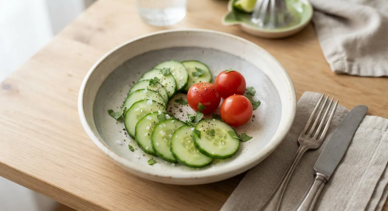 Medio pepino en rodajas y tres tomates cherry