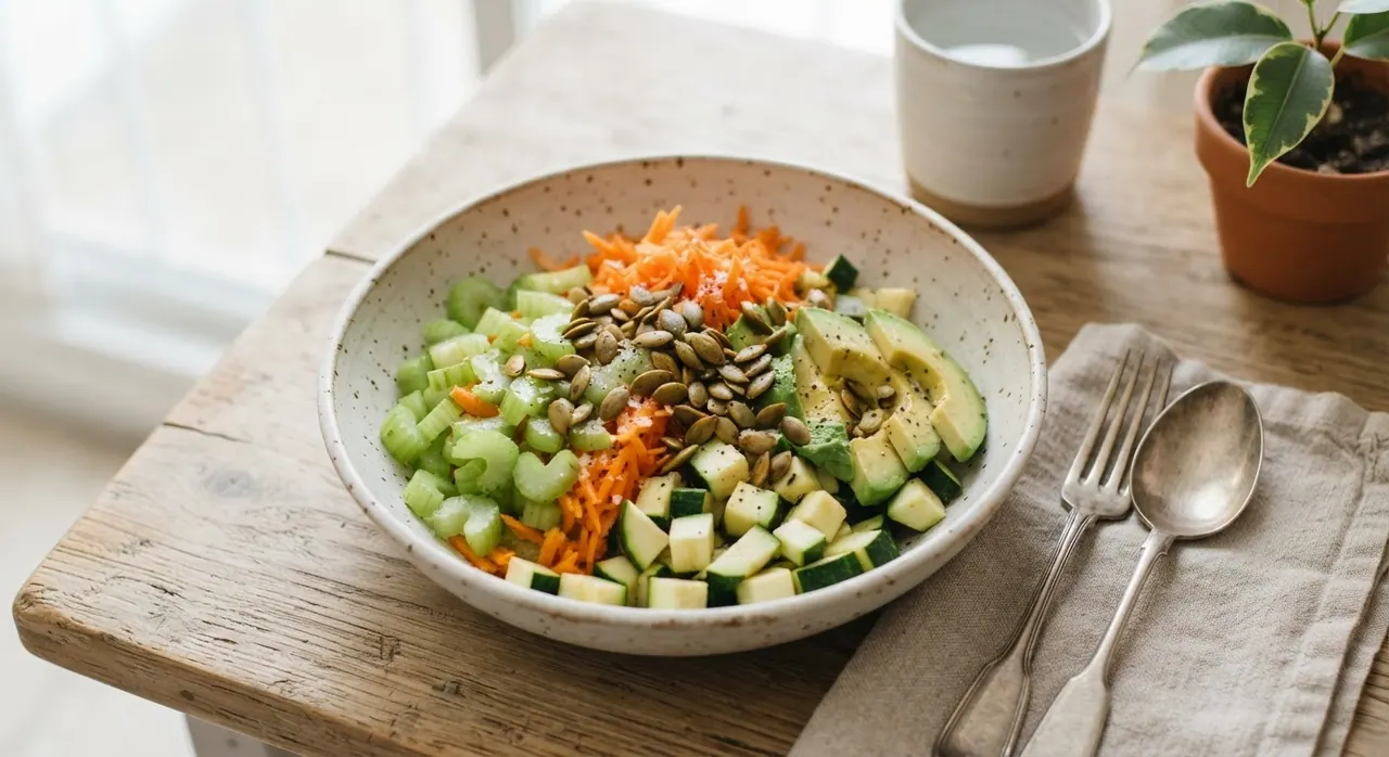 Ensalada de apio, zanahoria, aguacate, calabaza y pepitas