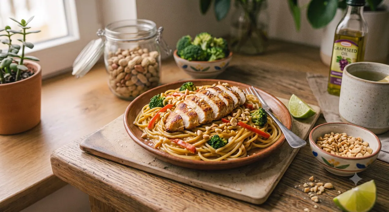 Spaghetti con Pollo y Salsa de Cacahuates