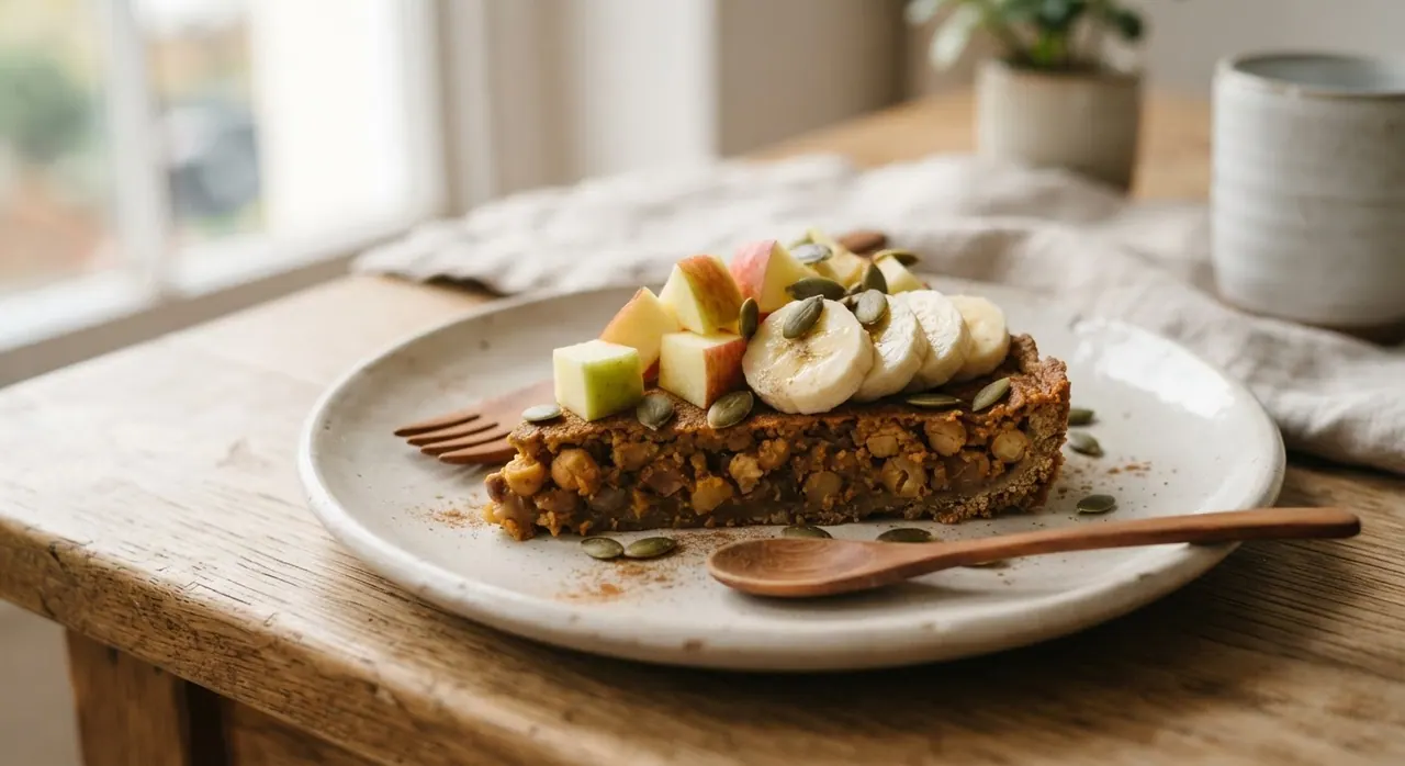 Tarta de garbanzo y frijol con fruta y pepitas