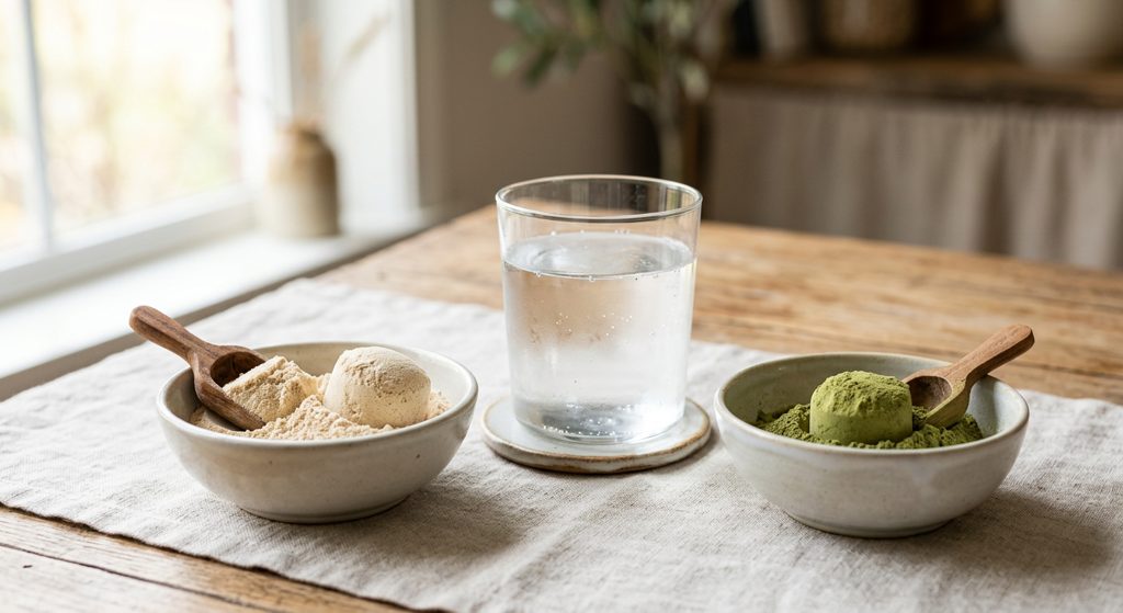Promalt 2 medidas, más 1 medida de Vital, en vaso de agua