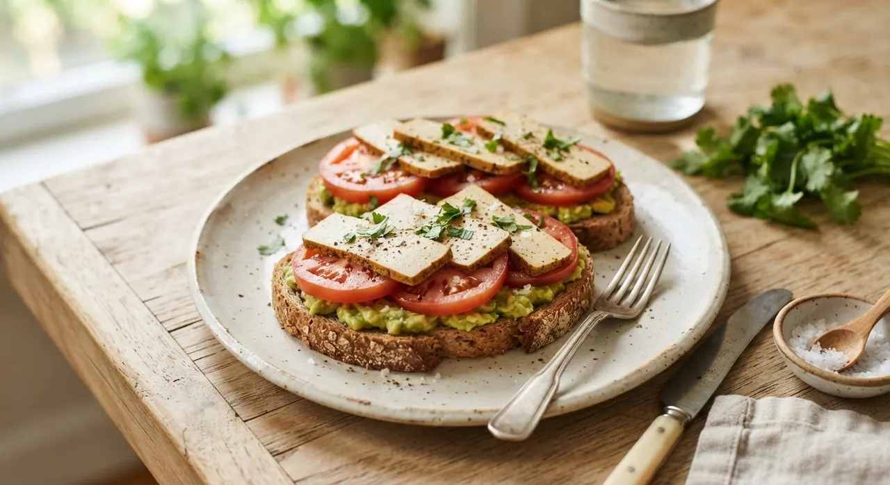Pan integral con aguacate, tomate y tofu o queso vegano