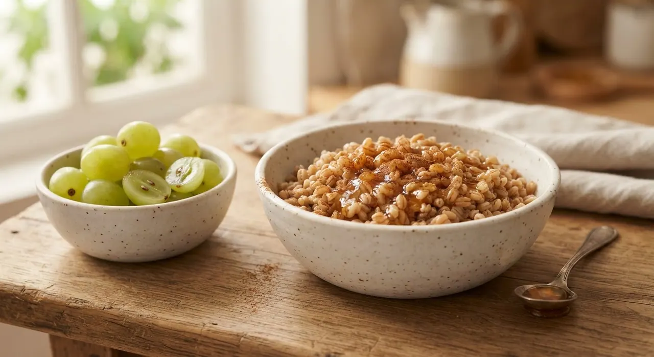 Trigo cocido con miel y plato de uvas verdes