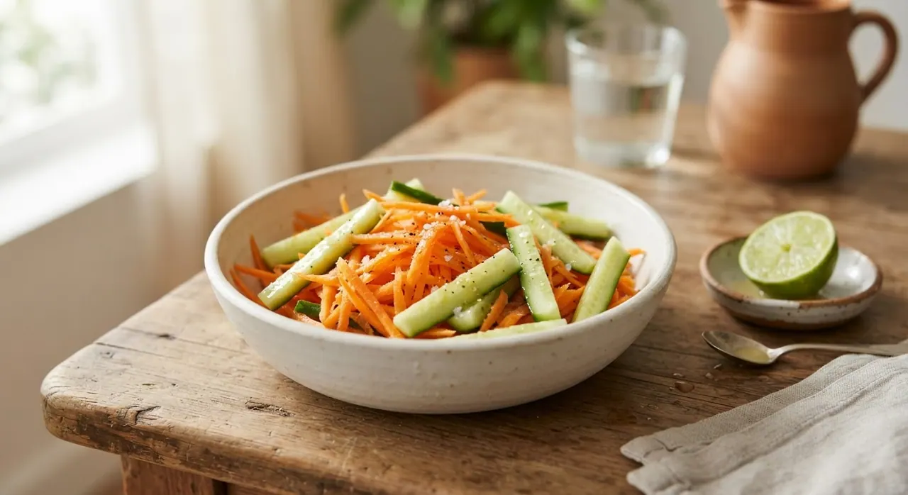 Ensalada de zanahoria rayada y pepino en palitos