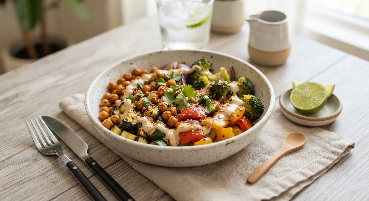 Verduras al horno con garbanzo y tahini