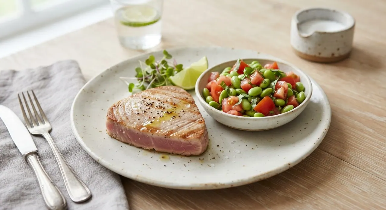 Atún a la plancha con ensalada de edamames y tomate