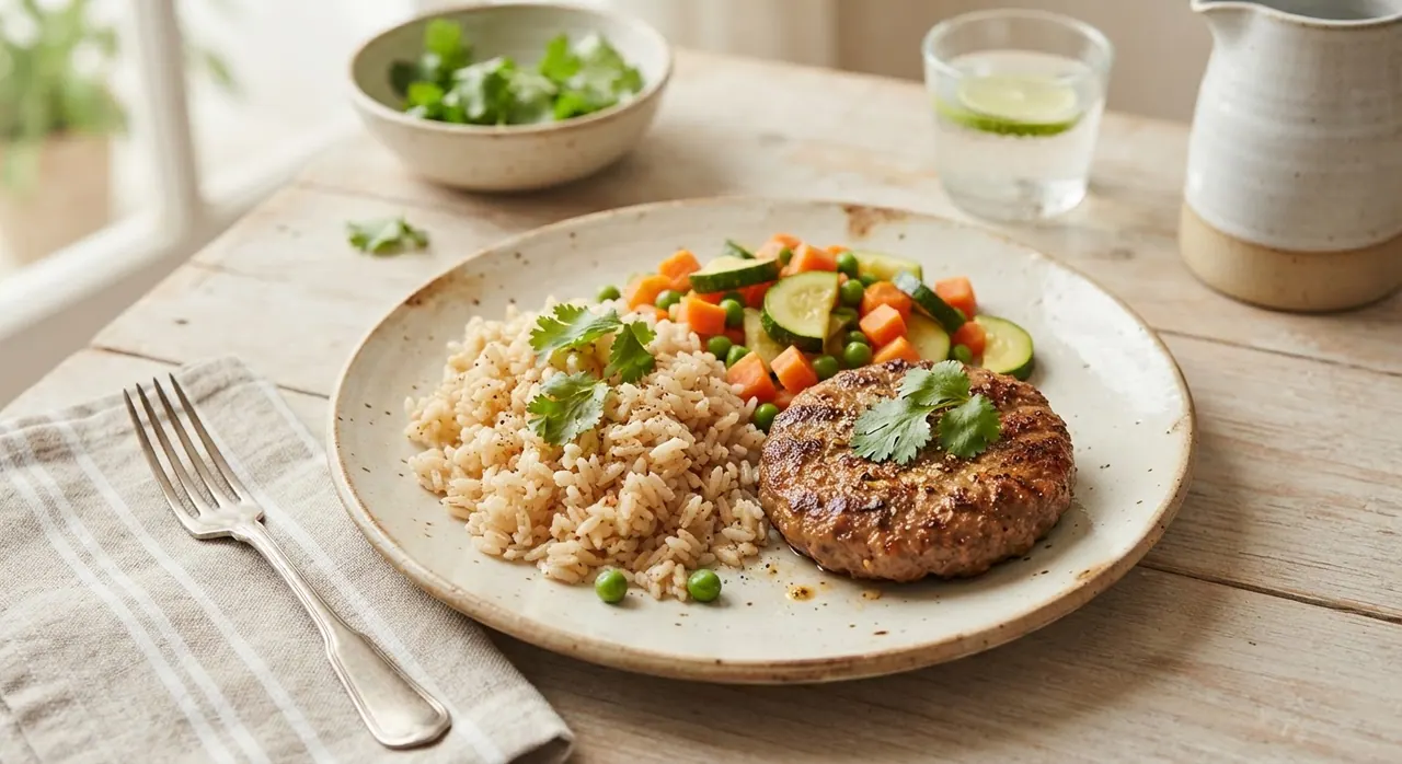 Arroz integral con verduras y hamburguesas de trigo
