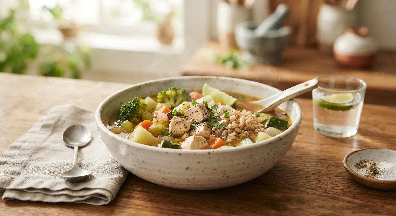 Sopa de verduras con pollo y arroz integral