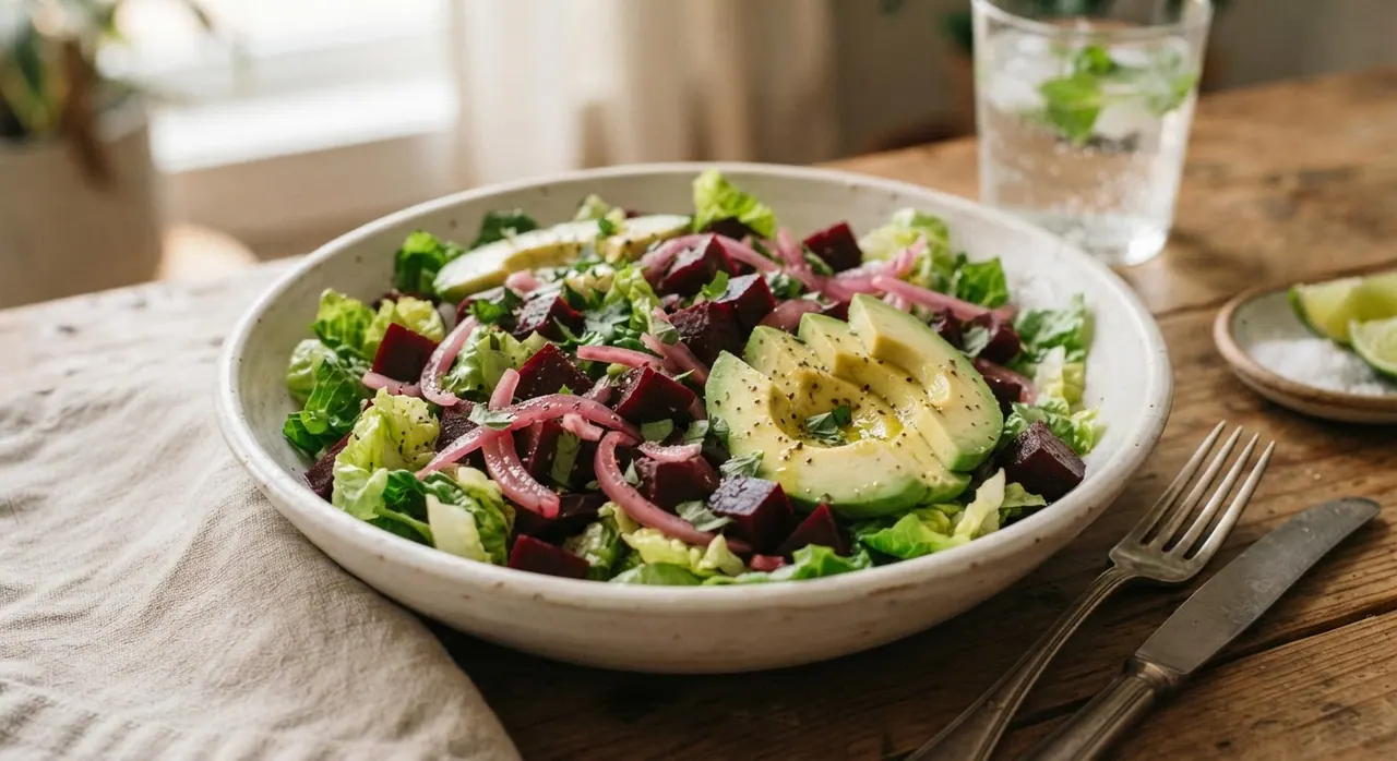 Ensalada con lechuga, cebolla, betabel y aguacate