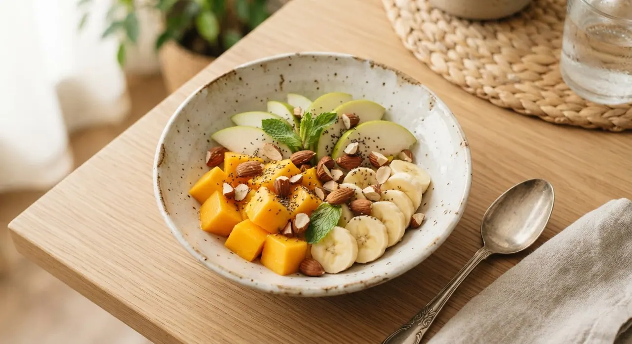 Mango, pera, plátano y almendras