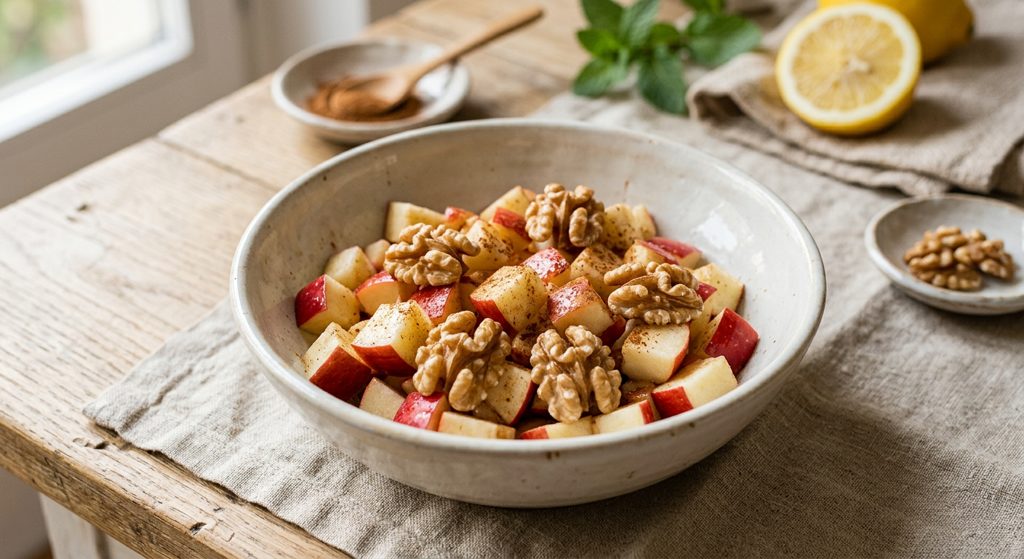 Una manzana cortada en cuadros y 5 mitades de nuez