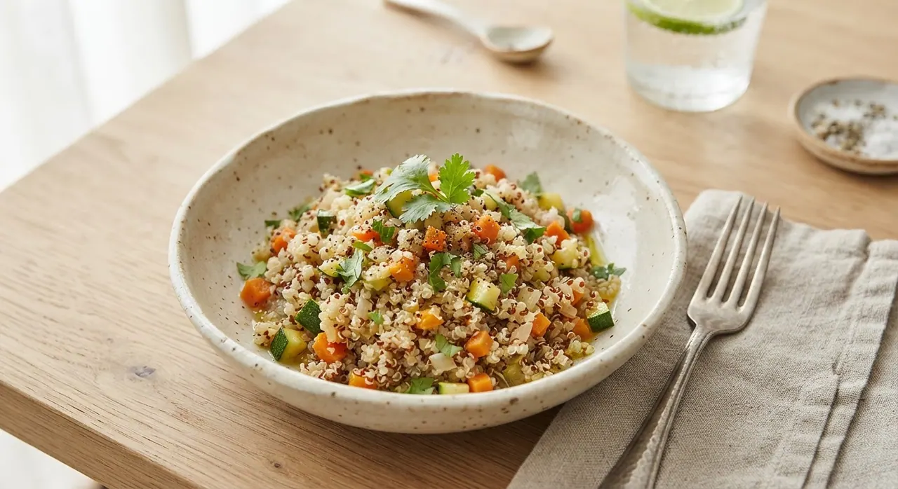 Media taza de quínoa cocida con verduras
