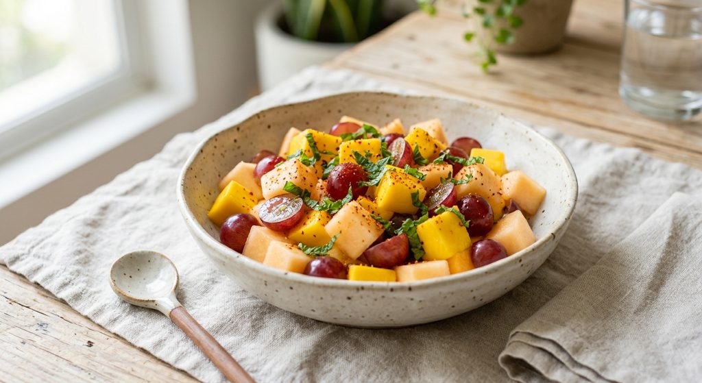 Cóctel de mango, melón y uvas