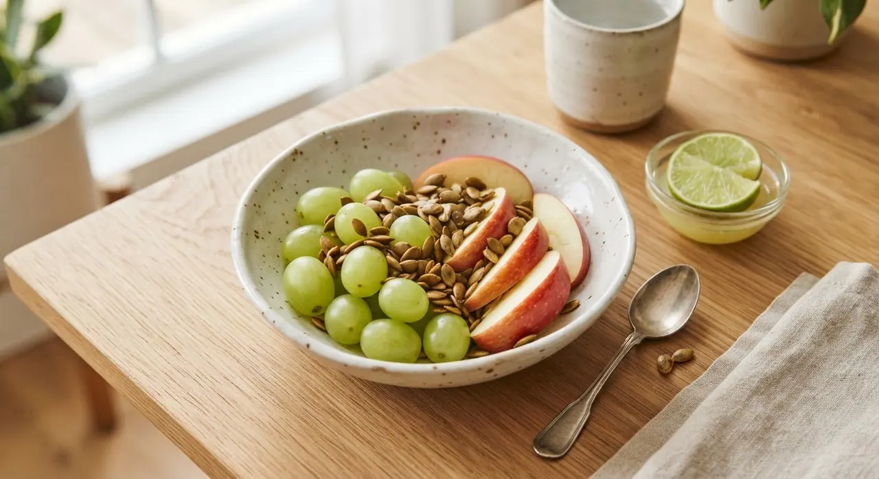 1/2 taza de uvas, 1/2 manzana y semillas de calabaza