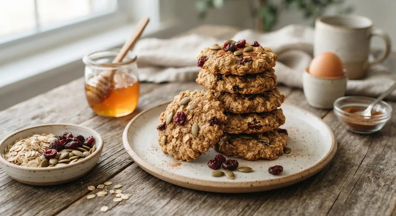 Galletas de avena con miel, arándanos y pepitas de calabaza