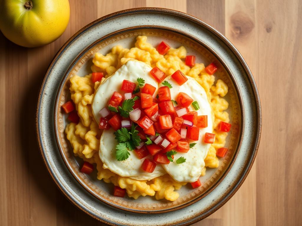 2 huevos revueltos con tomate y cebolla