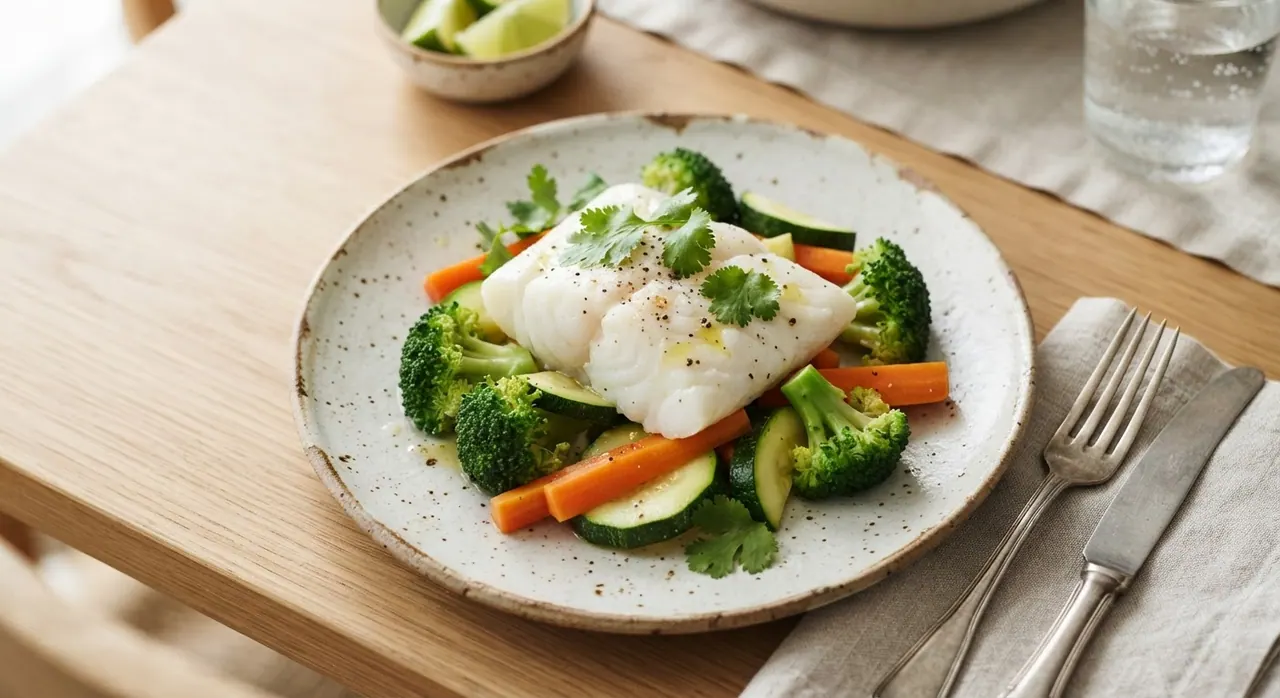 Pollo o pescado con verduras al vapor