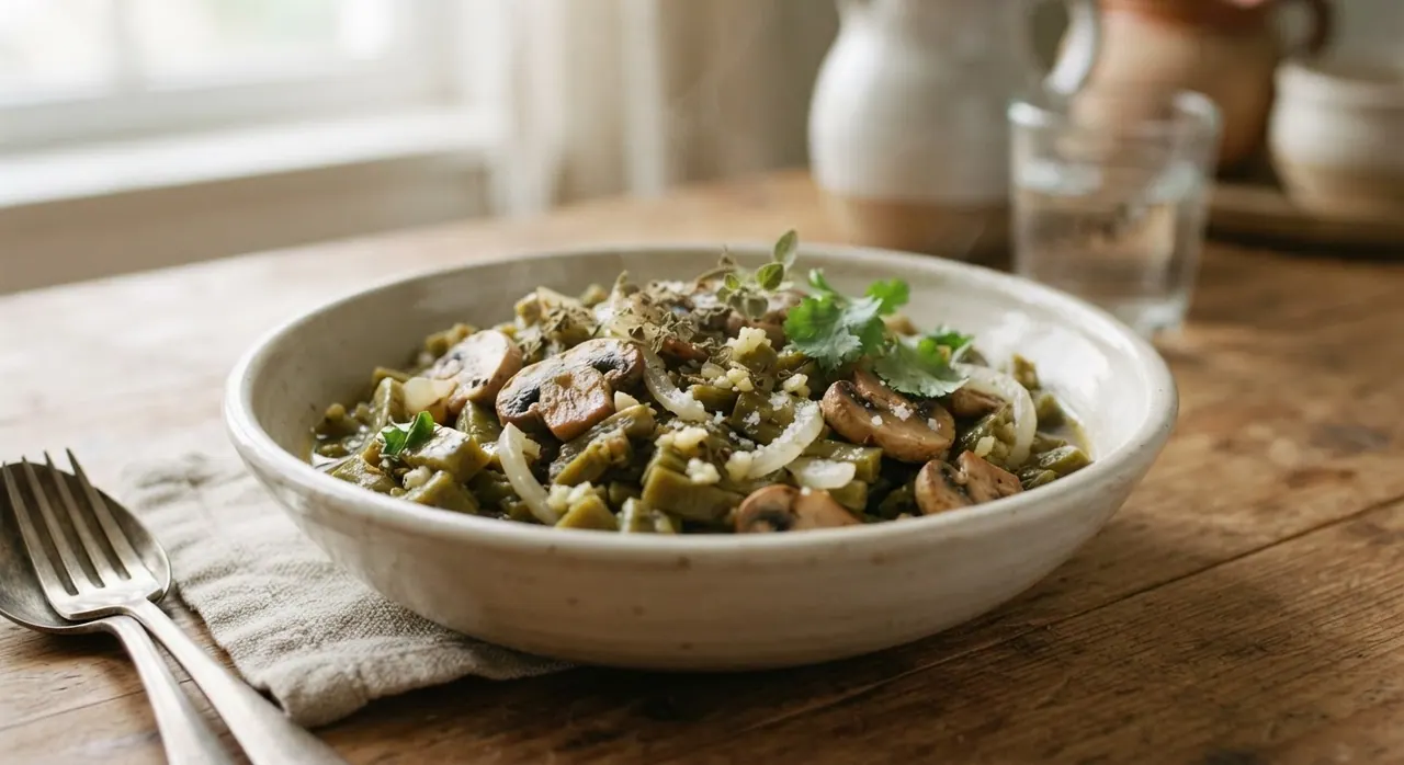 Guisado de nopales con champiñones y cebolla