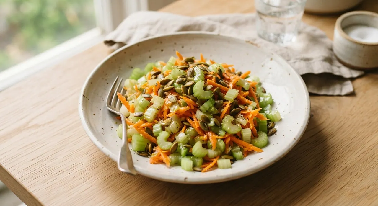 Ensalada fresca de apio, zanahoria y pepitas