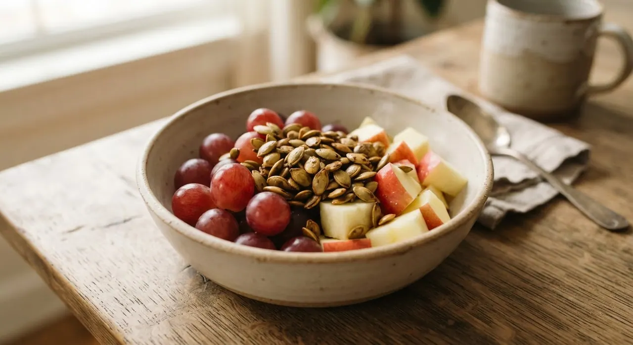 Uvas, manzana cortada y semillas de calabaza