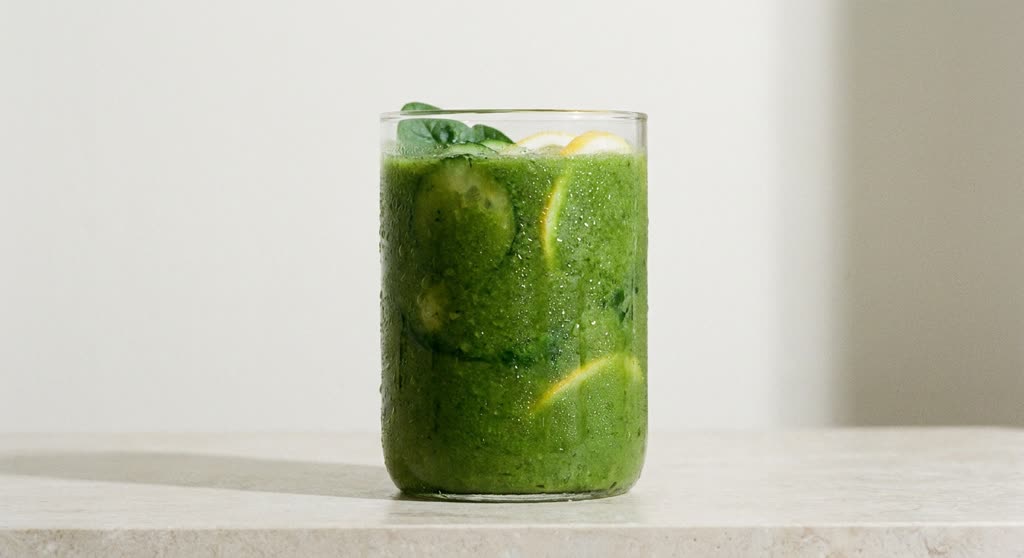 Jugo verde desintoxicante servido en vaso