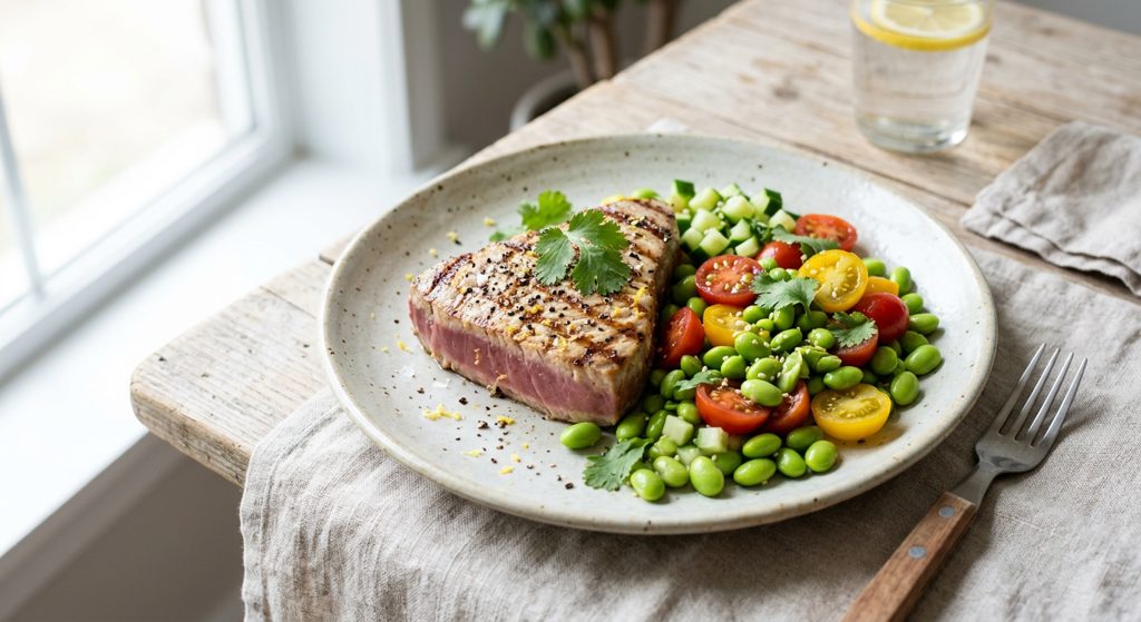 Atún a la plancha con ensalada de edamames