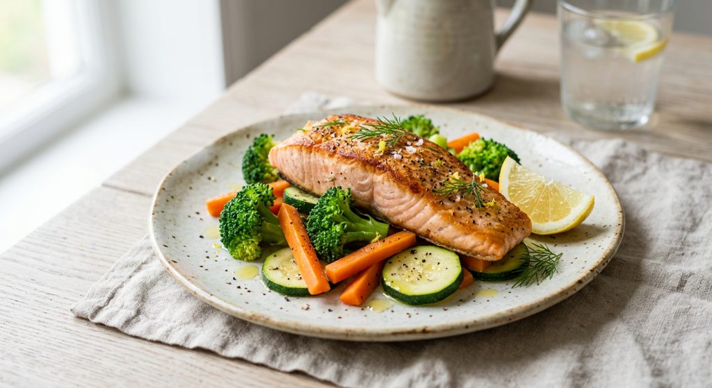 Salmón a la plancha con verduras al vapor