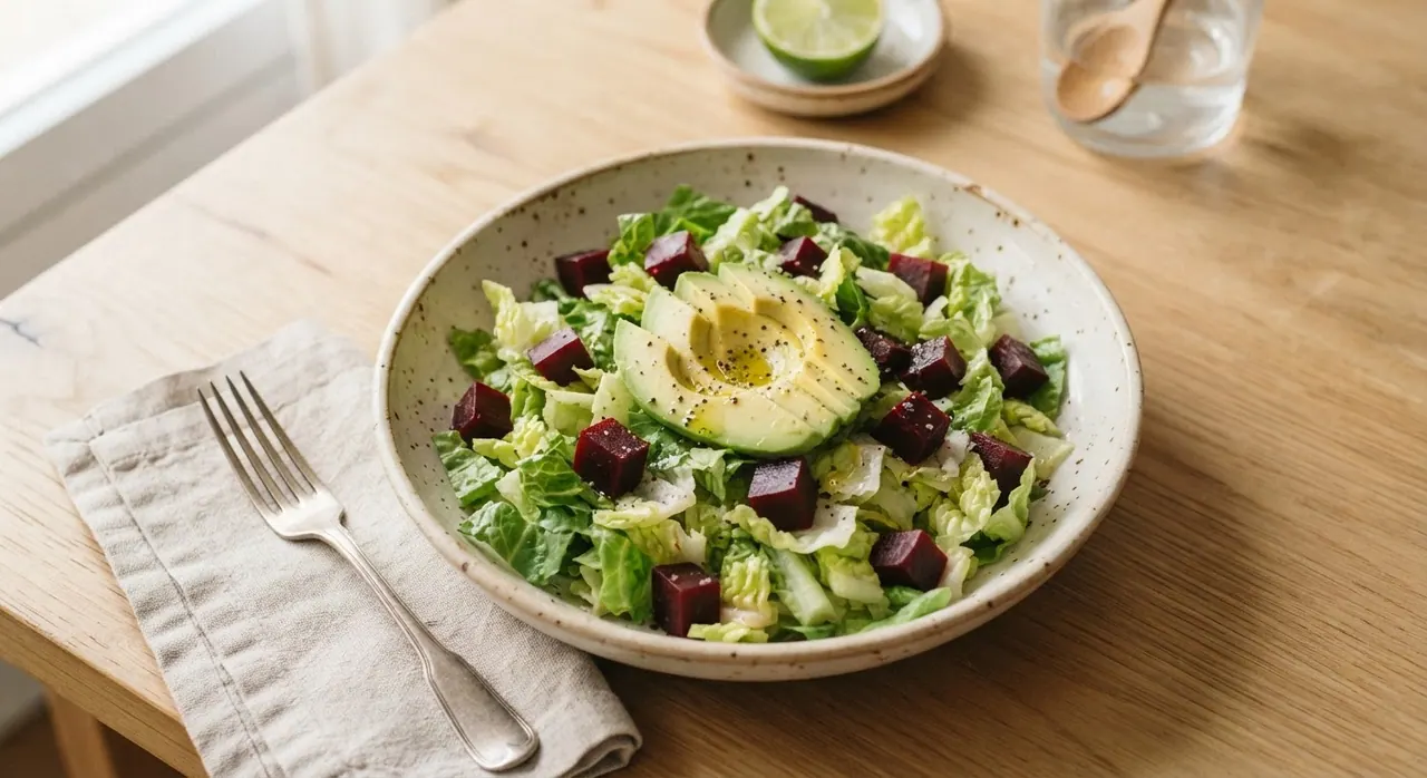 Ensalada de lechuga orejona con betabel, aguacate y aceite de oliva