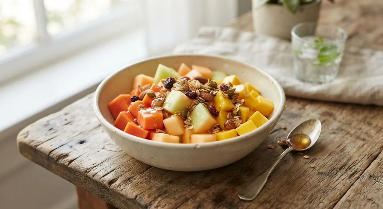 Papaya, melón y mango con miel y granola