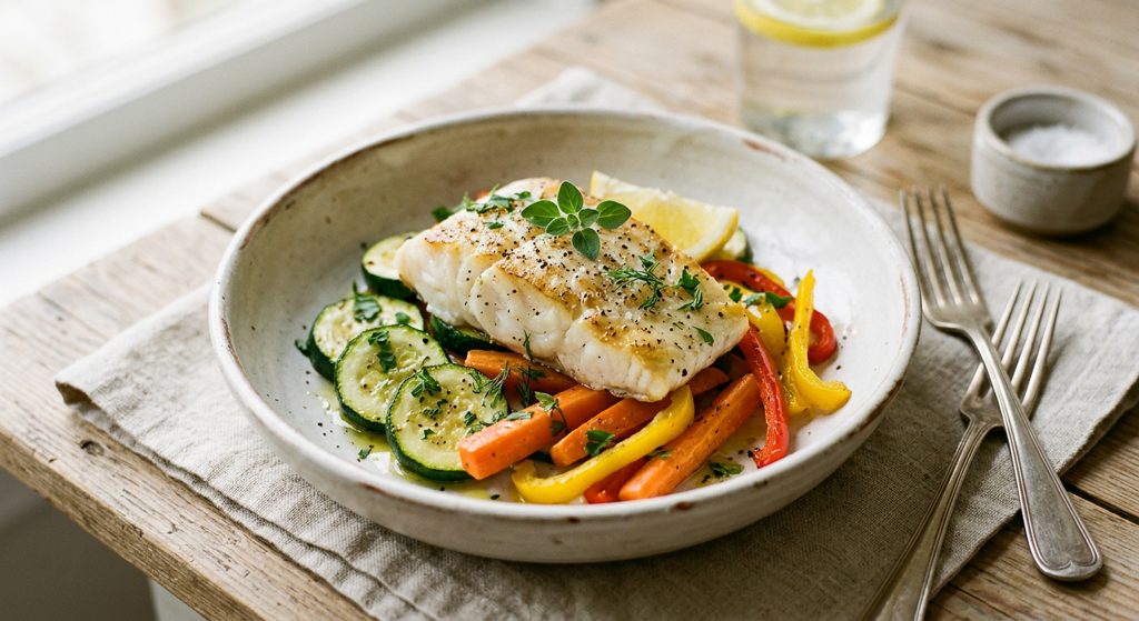 Pollo o pescado con verduras