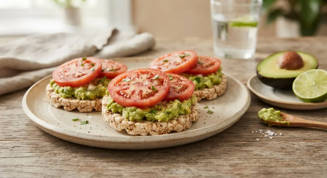 Galletas de arroz con guacamole ligero y tomate