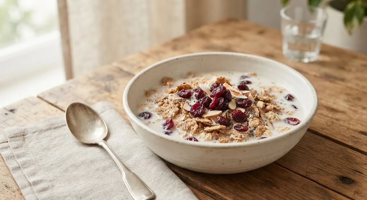 Cereal integral con leche de almendras y arándanos
